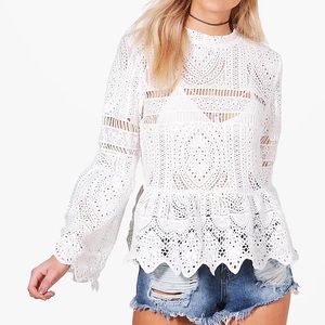 Katy Crochet Lace Peplum Bell Sleeve Top